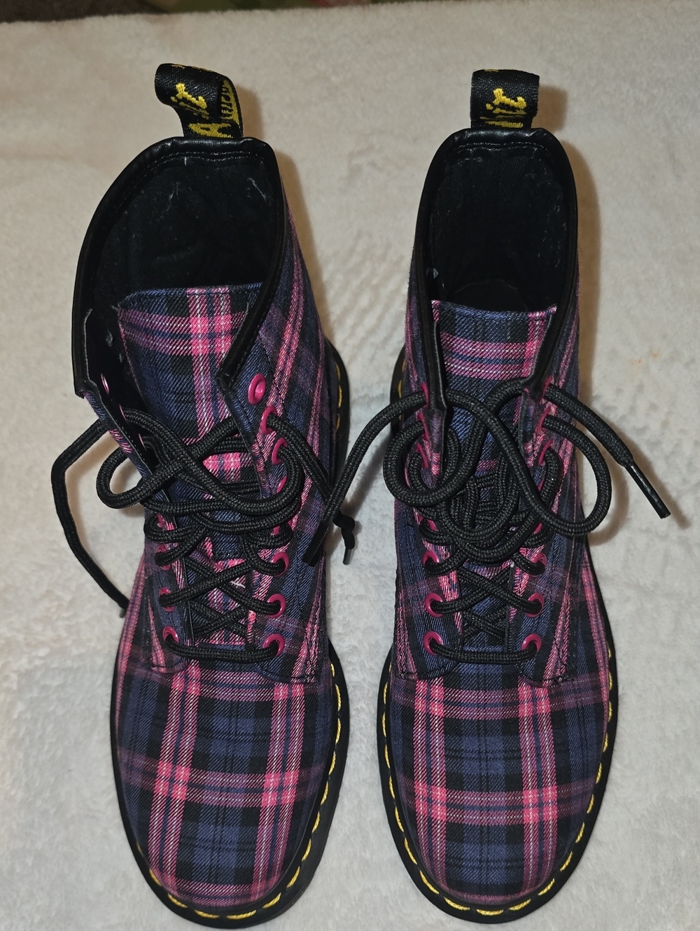 Dr. Martens Women's Pink and Black Plaid Lace-Up Boots